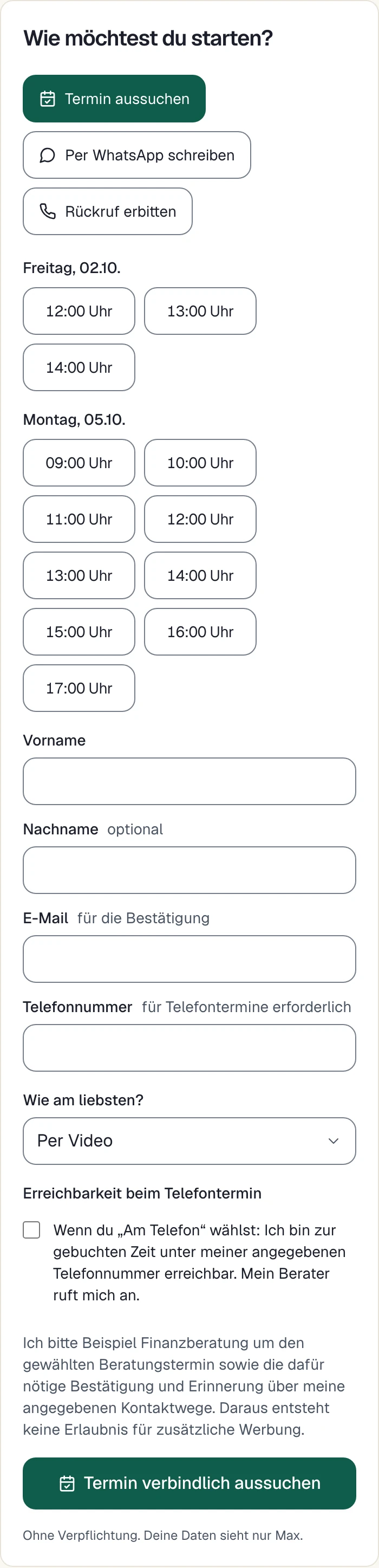 Terminauswahl für eine empfohlene Person mit Kontaktformular und ausdrücklicher Kontaktbitte.