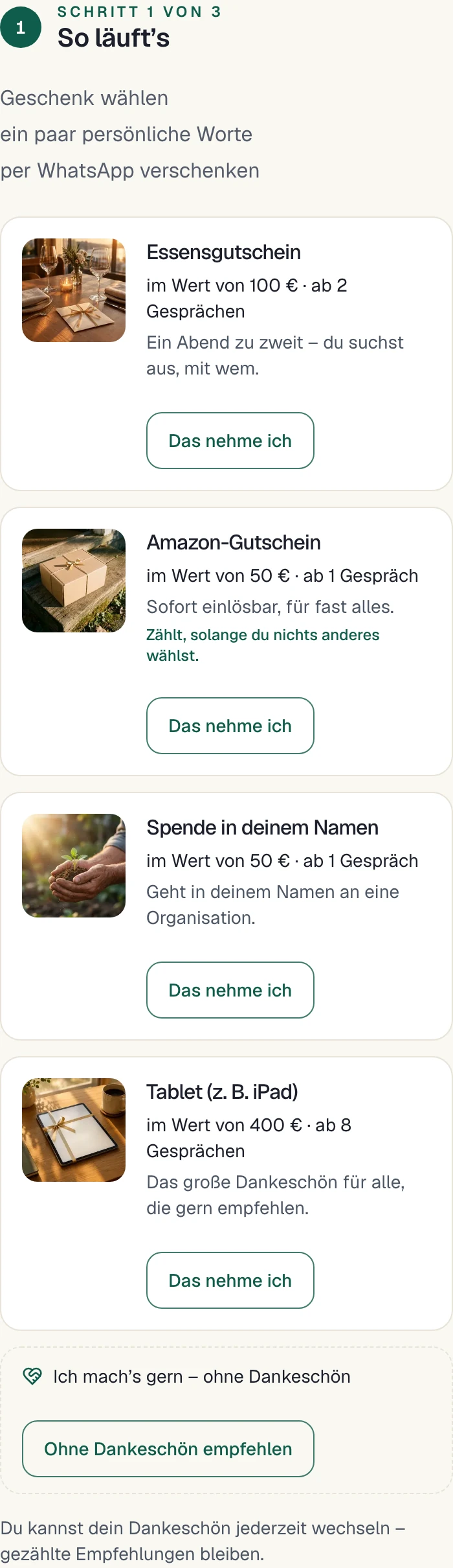 Geschenk-Seite deines Kunden: Er wählt ein Dankeschön und verschenkt das Erstgespräch.