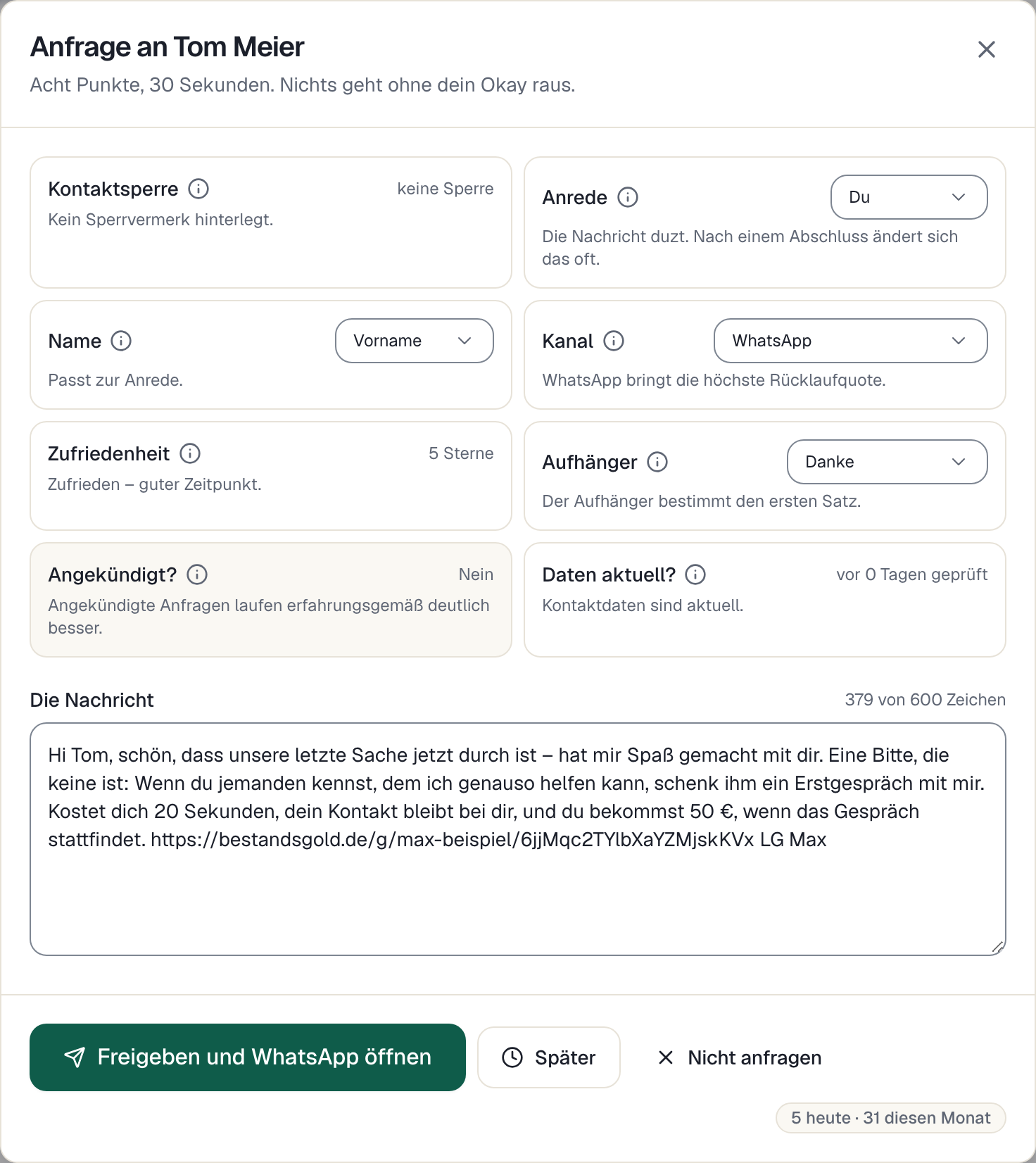 Das Freigabe-Blatt: acht Prüfpunkte, die fertige Nachricht und ein Knopf zum Freigeben